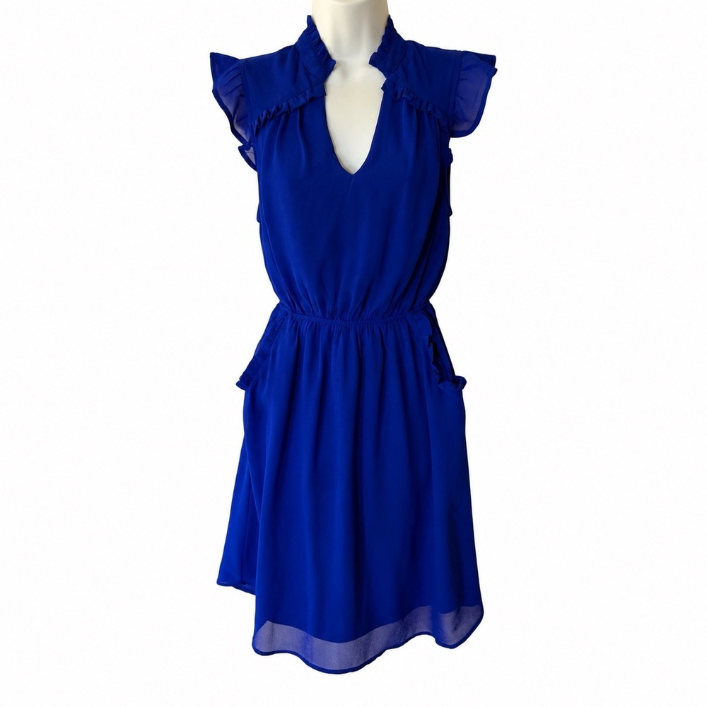 Monteau Los Angeles Royal Blue Ruffle V-Neck Fit & Flare Mini Dress Small